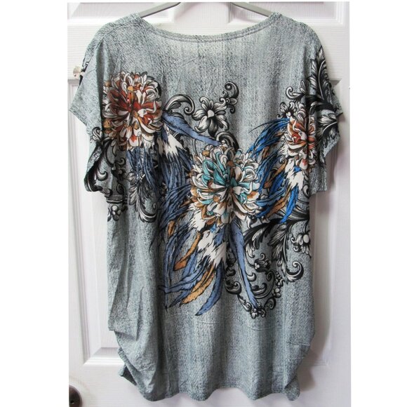 Women's Gray Flower Floral Print Short Sleeve Stretchy Graphic Shirt Sparkle Top - Picture 3 of 3